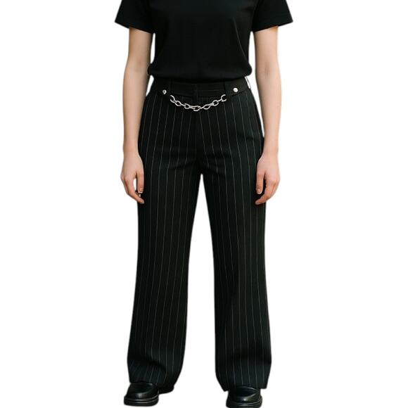 Y2K Larry Levine Black Pinstripe Silver Chain Belted Trousers Deadstock NWT 10 - Picture 1 of 10